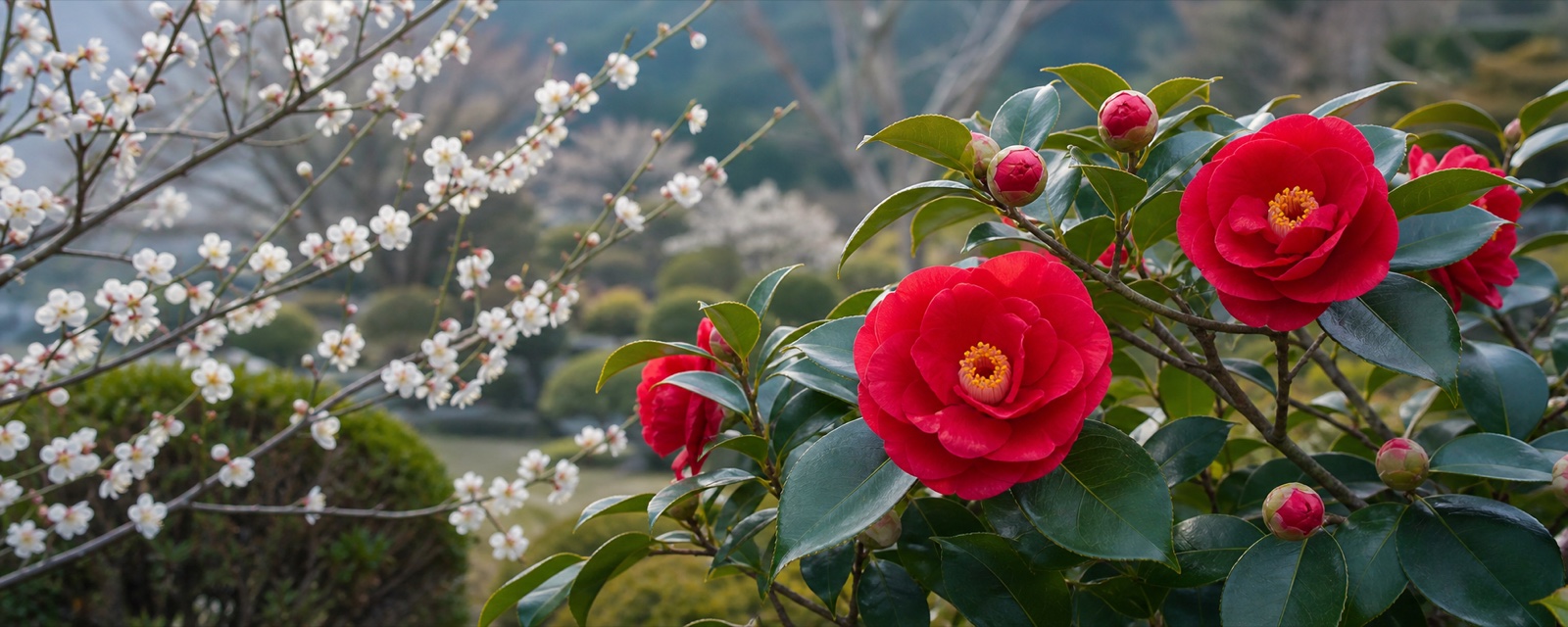 1月の季節の花：冬の花 — 椿と梅